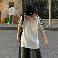 抖音得物高品质二开240克宽松纯棉美式潮牌三条杠织带短袖T恤，男装T恤，电商A486