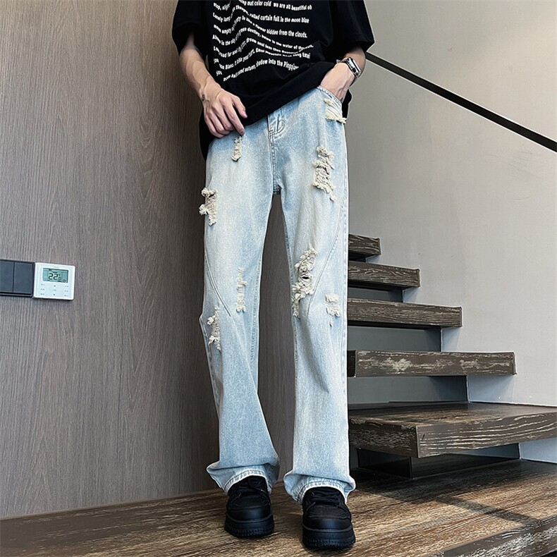 DXK8083-P48美式高街复古蓝破洞牛仔裤高腰直筒微喇裤夏季弯刀裤,男装牛仔裤,星座603-2