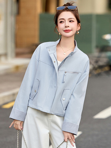条纹袖口休闲短款蓝色外套女2026春秋新款小个子减龄百搭夹克上衣图片