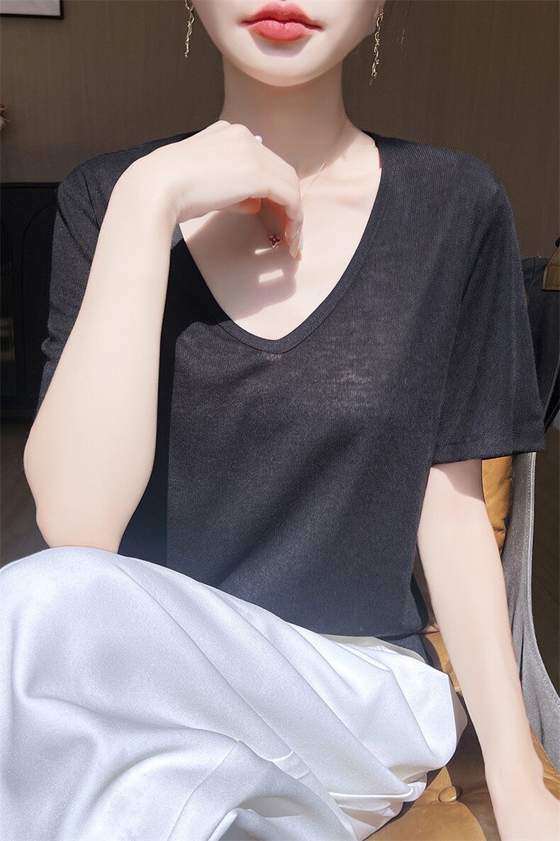商场同款2025春夏新款U领针织短袖T恤女内搭显瘦百搭打底衫上衣,女装T恤,羊特美羊绒