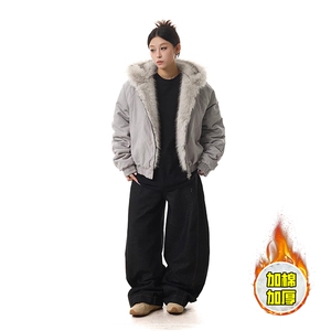 现货高品质美式高街冬季重磅硬挺短款座山雕毛领棉衣男女加厚外套图片