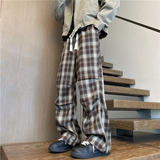2025秋季新款潮流压褶格子宽松阔腿休闲裤B315-K147-特p35控68，男装休闲裤，电商B315