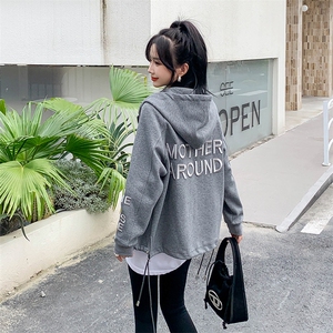 开衫卫衣拉链外套女2024春季新款韩版慵懒风连帽宽松大码外套女图片