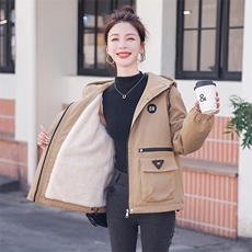 加绒时尚派克服女2023冬季新款宽松休闲百搭加厚保暖连帽工装外套，女装棉衣/棉服，以桐