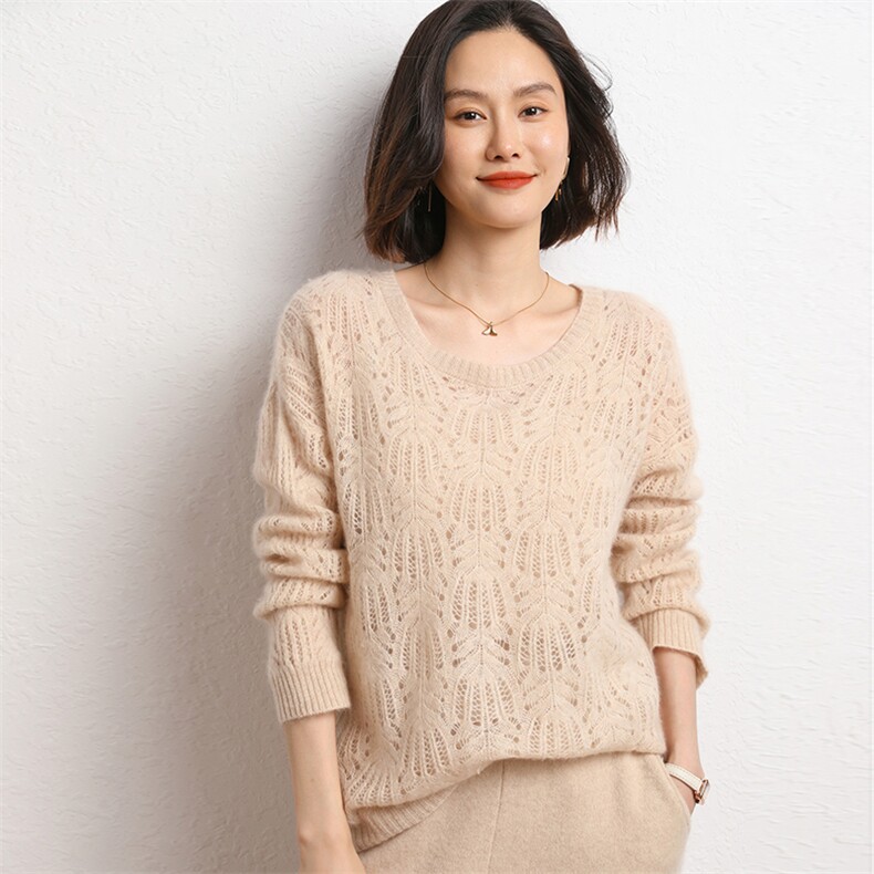 衫女圆领秋冬简约内搭毛衣镂空纯色套头打底衫,女装羊毛衫,五色羊羊绒