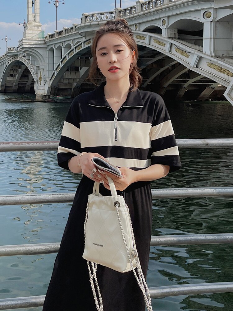黑白拼接polo领连衣裙女2025夏季新款韩系休闲收腰显瘦直筒T恤裙,女装连衣裙,2C051
