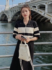 黑白拼接polo领连衣裙女2025夏季新款韩系休闲收腰显瘦直筒T恤裙，女装连衣裙，2C051
