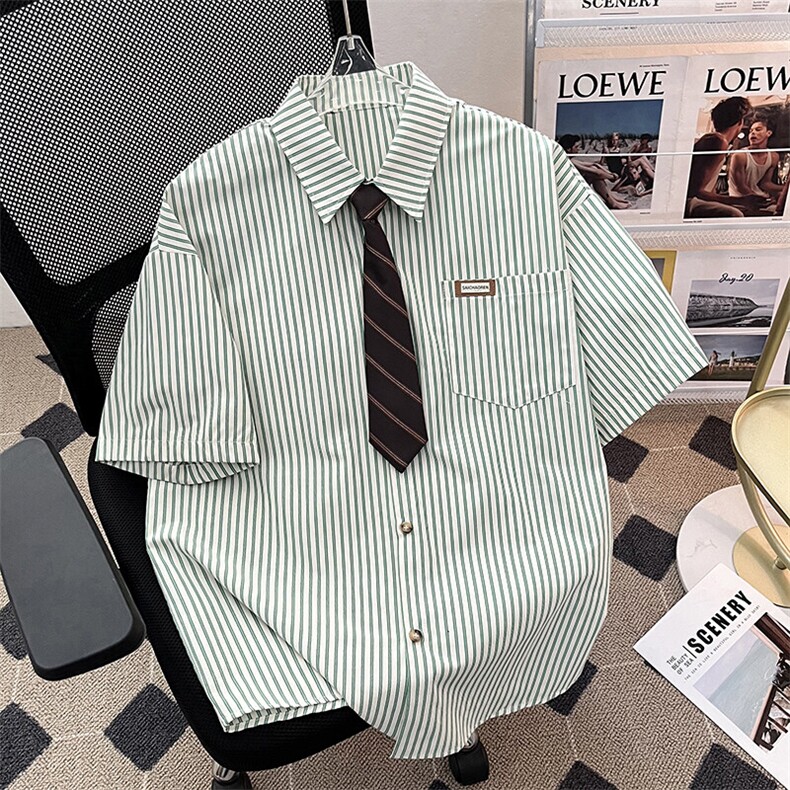 2025夏季新款条纹领带短袖衬衫半袖衬衣班服配领带现货W8609-P35,男装T恤,星座512-4
