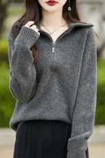 重磅加厚半开拉链100%纯羊毛衫女衣宽松长袖针织毛慵懒羊绒衫上衣，女装羊毛衫，忠诺羊绒