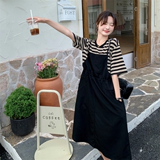 韩系条纹假两件连衣裙女夏2024新款女神范法式简约气质端庄大气，女装连衣裙，2C239