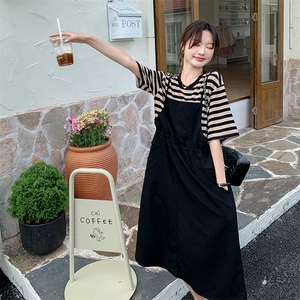 韩系条纹假两件连衣裙女夏2024新款女神范法式简约气质端庄大气图片
