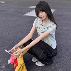 复古宽松直筒刺绣牛仔裤女春秋季新款高腰阔腿裤子AM7885P40，男装牛仔裤，星座1013-5