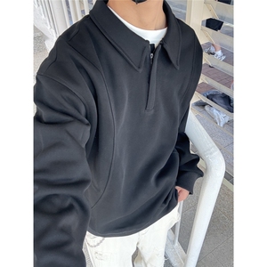 老钱风灰色正肩polo领长袖卫衣男女秋季宽松翻领上衣半拉链套头衫图片