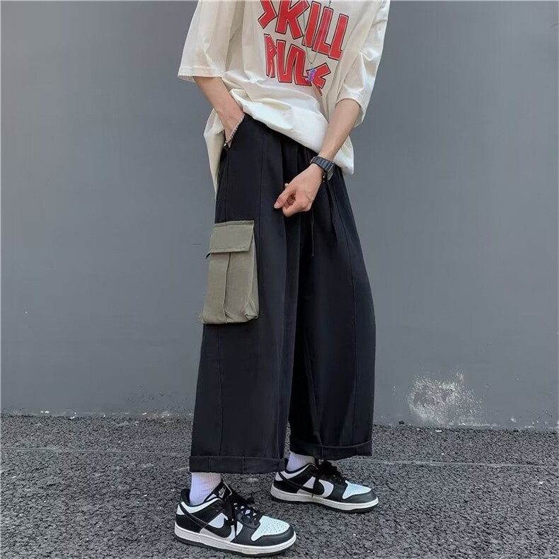 拼色口袋工装裤男加肥大码潮牌宽松直筒阔腿裤夏季休闲裤K084-P50,男装休闲裤,星座308B-1