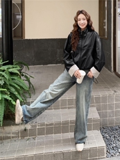 美式复古高级感条纹撞色PU皮衣外套女2025春秋季新款韩系显瘦夹克，女装皮衣，蝶眷