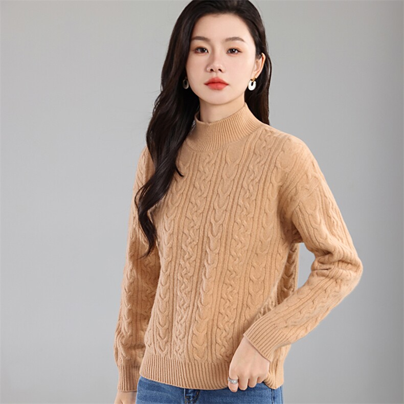 女士秋季新款简约百搭半高领重工绞花羊毛衫，女装羊毛衫，奢优羊绒