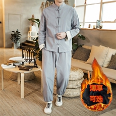 风中式冬装唐装夹克男装居士服大码加绒加厚套装A804加绒P145，男装休闲套装，钱塘788(原4013)
