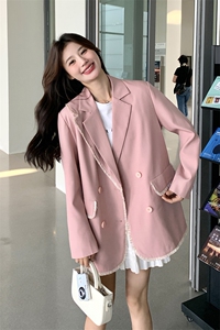 粉色设计感小香风西装春秋女2025新款温柔风宽松洋气毛边小西服图片