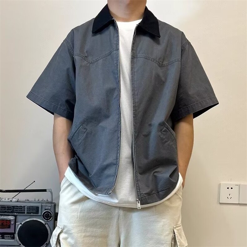 马登工装美式复古防水薄款短袖衬衫户外宽松半袖口袋猎装衬衣男夏图片