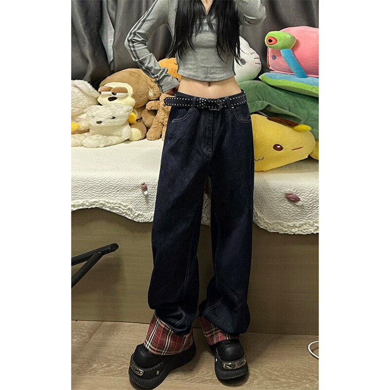 特批P40无差价秋季水洗复古中性男女格子卷边牛仔阔腿裤N9050,男装牛仔裤,电商A001