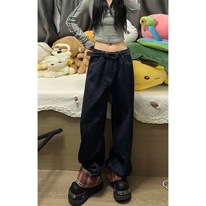特批P40无差价秋季水洗复古中性男女格子卷边牛仔阔腿裤N9050