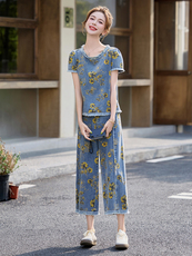 小个子印花牛仔套装女2025夏季新款高腰坠感直筒裤九分裤两件套潮，女装套装/套裙，魅影