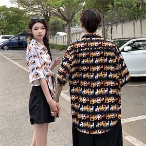 EQ408 卡通图案夏季情侣装短袖衬衫男女沙滩旅游度假衬衣图片