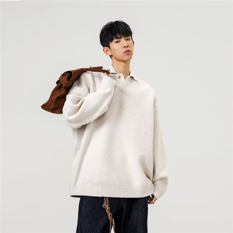 2025美式轻熟翻领毛衣男士春秋V领卫衣抗起球宽松polo领针织衫潮，男装针织衫/毛衣，星座1210-1