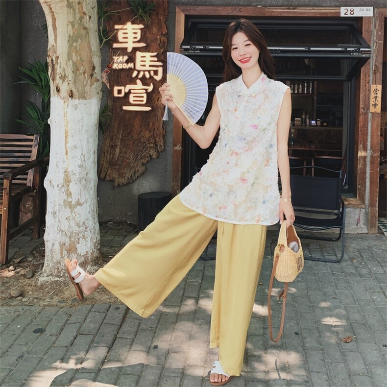 多巴胺碎花旗袍立领上衣阔腿裤套装两件套女夏季新中式国风一整套,女装套装/套裙,浙宝217