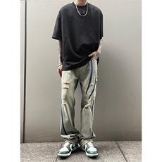 B221美式ins高街小众个性男女破洞牛仔裤LK23001-P65控88，男装牛仔裤，电商B221