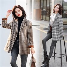 千鸟格毛呢外套女中长款欧洲站2021秋冬新款欧货加厚气质呢子大衣，女装毛呢外套，辉之琳