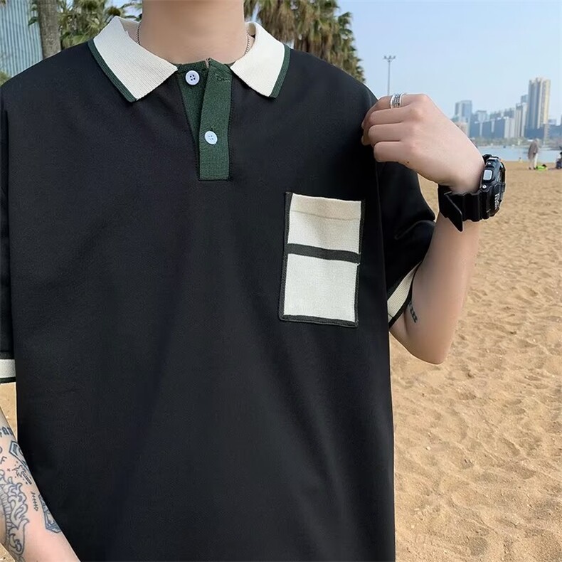 潮潮流青春流行POLO衫男夏季时尚纯色日系简约五分袖T392P30图片
