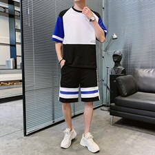 夏季透气纯棉短袖T恤套装男宽松短袖短裤运动两件套F214P58控78,男装休闲套装,电商A086