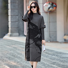 【现货】2025年秋季新款假两件水墨花毛衣裙中长款显瘦气质，女装针织衫/毛衣，辉煌依升