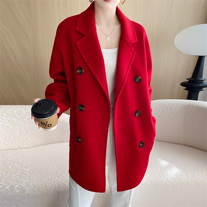 秋冬季羊毛时尚休闲经典V领两排三扣斜插口袋中款大衣，女装双面呢大衣，温贝尔羊绒大衣