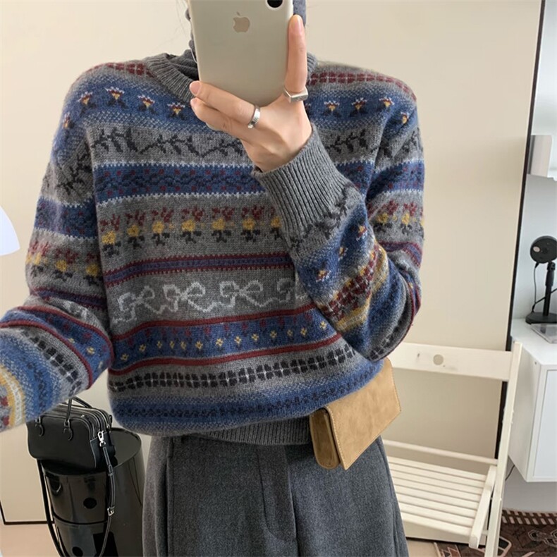 2025年秋季时尚百搭通勤简约休闲加厚费尔岛圆领，女装羊毛衫，新胜羊绒