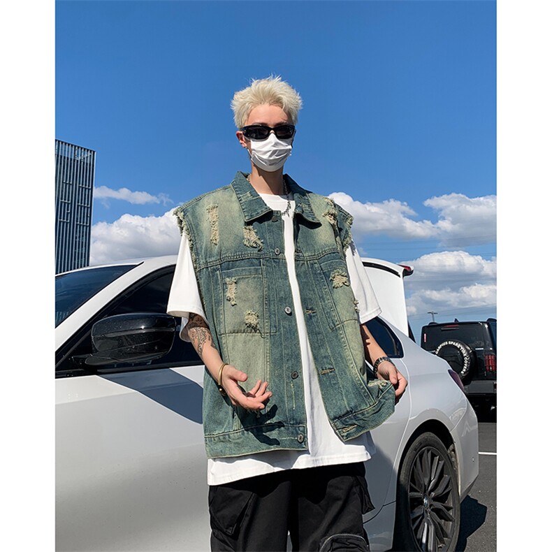 美式高街水洗破洞牛仔马甲男秋季复古毛边宽松坎肩外套MJ137-P60，女装短外套，星座1103-3