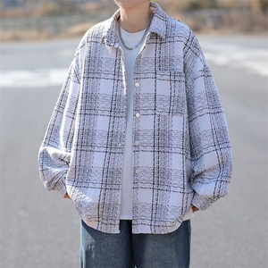 春季新款百搭宽松休闲衣小香风翻领格子衬衫外套男 W8090-P65图片