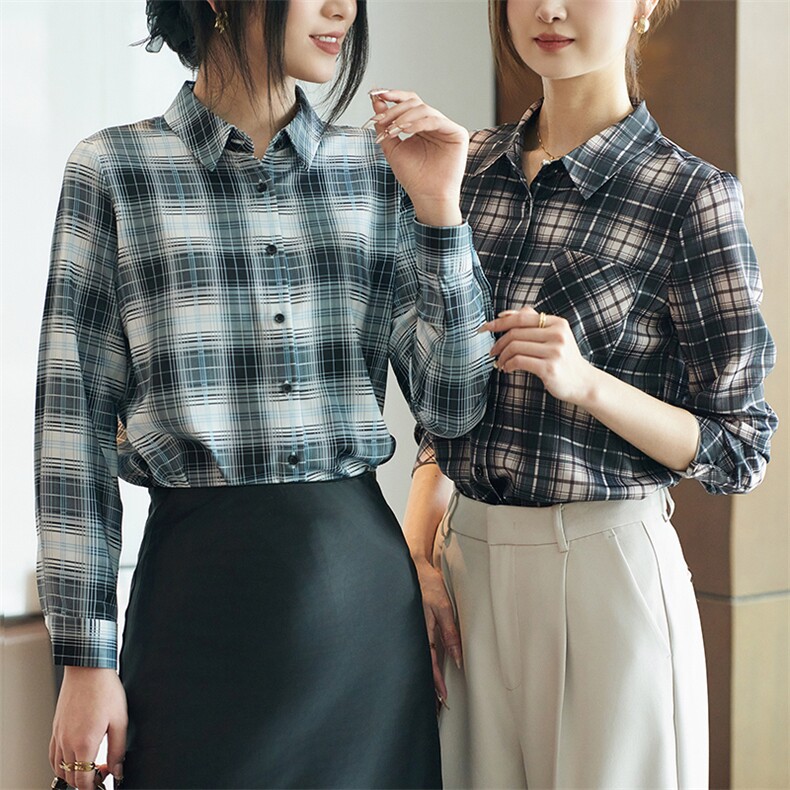 2025年夏季修身型百搭七分袖POLO领缎面真丝衬衫,女装衬衫,帝知娇羊绒