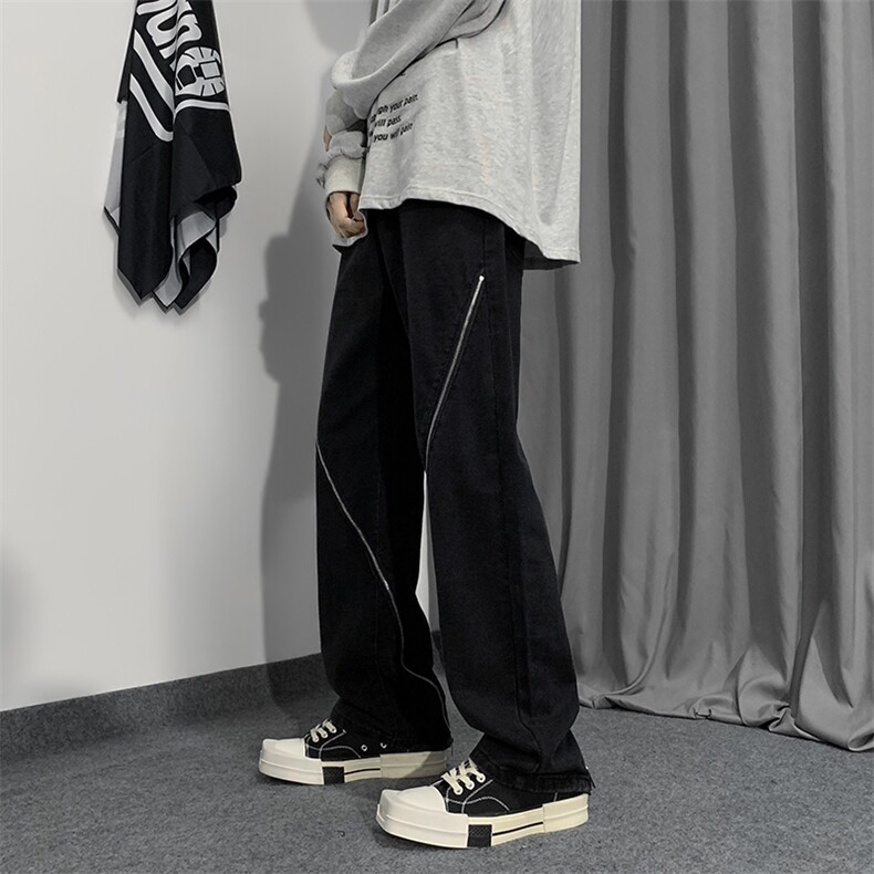 美式高街拉链牛仔裤男街头宽松直筒hiphop修身长裤N01773-P48图片