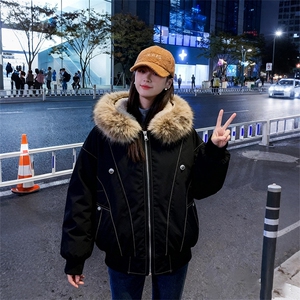 现货重磅boxy短款棉衣座山雕大毛毛领男女棉服水洗工装厚外套图片
