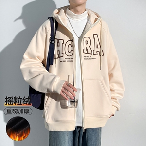 2023冬季新款港风加绒加厚撞色字母印花开衫连帽卫衣23136-P58图片