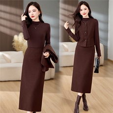 小香风高级感气质毛呢外套半身裙套装女2026春季时尚三件套潮，女装套装/套裙，美沁