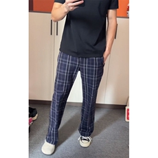 美式复古蓝色格子裤男款夏季垂感高级感设计感裤子慵懒休闲直筒裤，男装休闲裤，星座601-1