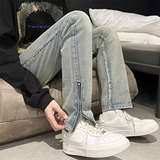 vibe高街破洞牛仔裤男直筒夏季美式潮ins拉链开叉裤子男MN78-P49，男装牛仔裤，星座1008-1