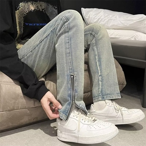 vibe高街破洞牛仔裤男直筒夏季美式潮ins拉链开叉裤子男MN78-P49图片