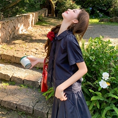 蕾丝拼接娃娃领系带上衣松紧腰半裙学院风套装女，女装套装/套裙，水衣源