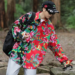 PC203秋装休闲东北大花拼接长袖衬衫外套男女宽松寸衣汉服演出服图片