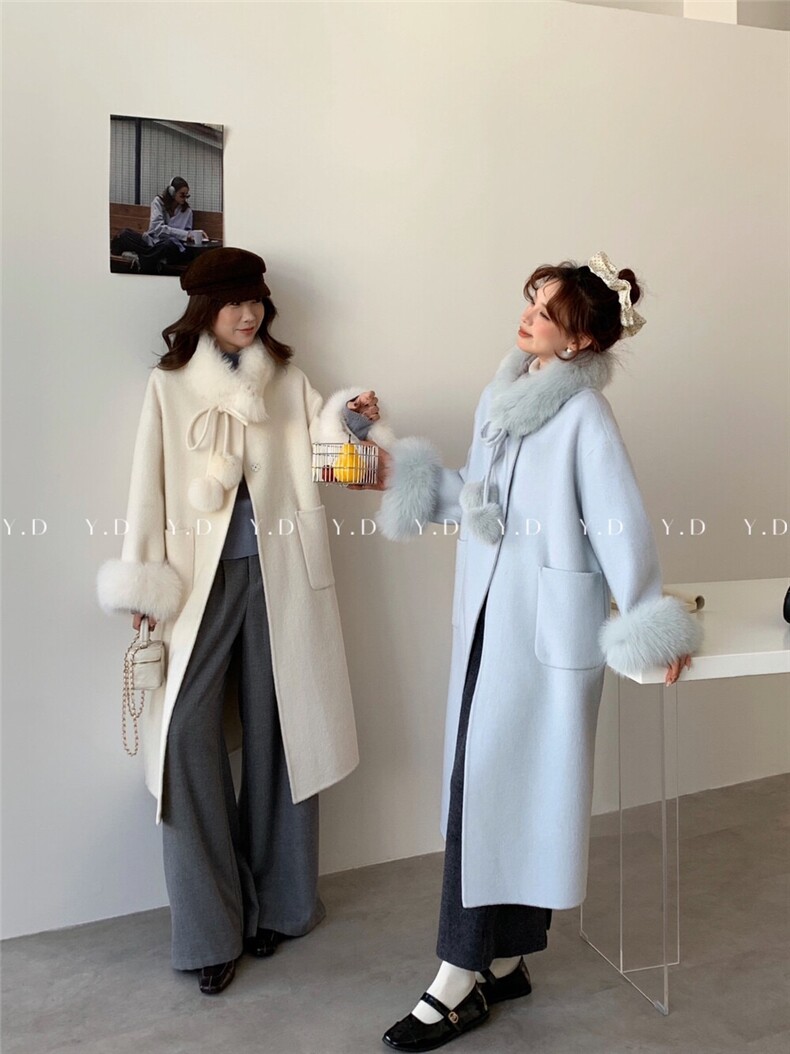 【依嘟】2025冬廓形可脱卸狐狸毛领高级感过膝显瘦羊毛外套(，女装双面呢大衣，依嘟服饰