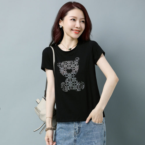 板酷2026夏装新款时尚纯色短袖宽松烫钻装饰镶钻T恤B630,女装T恤,板酷